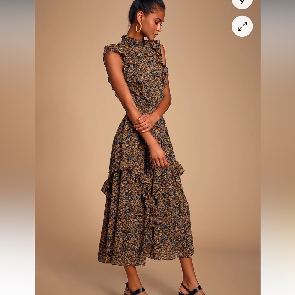 Lulus Evalina Mustard Yellow Floral Print Mock Neck Midi Dress size small